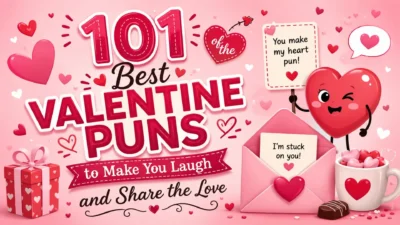 Colorful Valentine's Day graphic featuring 101 best Valentine puns with hearts, love notes, chocolates, and cute illustrations.