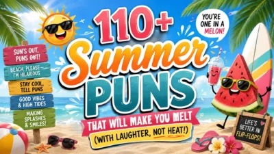 110+ summer puns graphic with a sunny beach, watermelon character, palm trees, and colorful tropical details