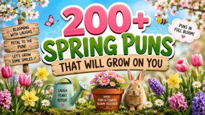 200+ Spring Puns banner with colorful flowers, bunny, butterfly, bee, and cheerful garden-themed lettering