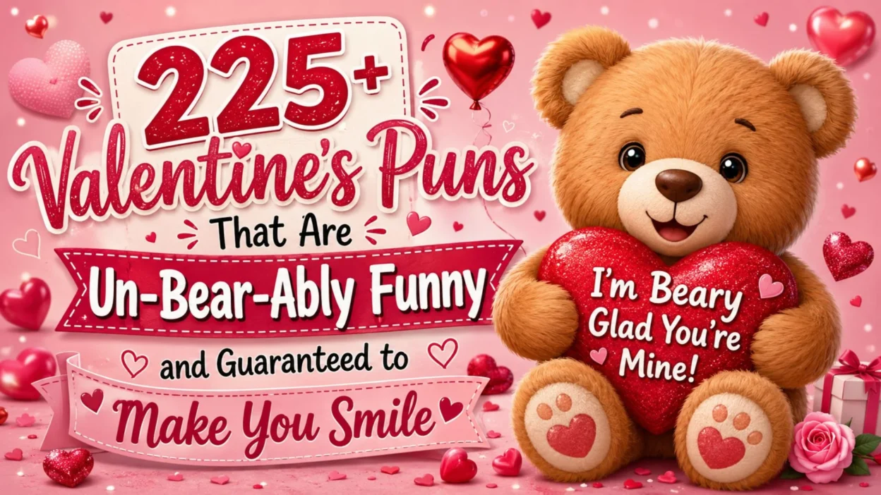 Cute teddy bear hugging a red heart with Valentine's puns text on a pink heart-filled background for a funny Valentine's Day graphic.