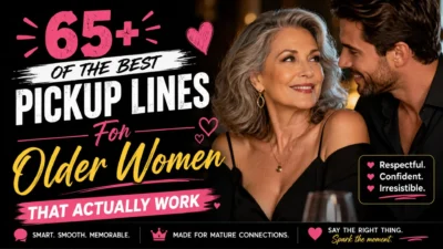 65+ best pickup lines for older women with a romantic illustration of a mature woman enjoying a charming conversation.