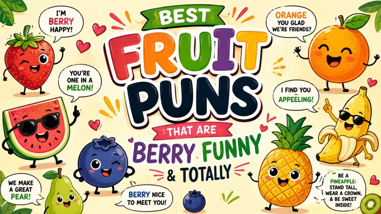 Best fruit puns featuring funny cartoon fruits, berries, bananas, oranges, and playful fruit jokes