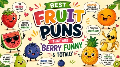Best fruit puns featuring funny cartoon fruits, berries, bananas, oranges, and playful fruit jokes