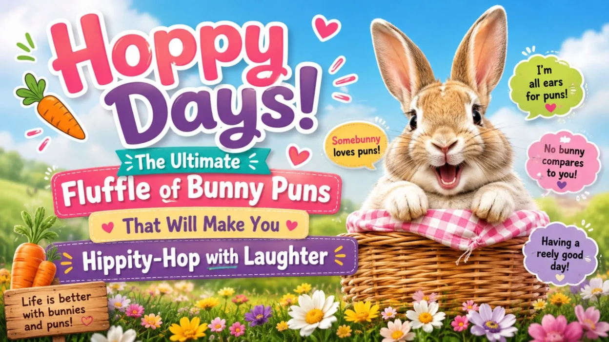 Hoppy Days bunny pun banner with a cheerful rabbit, carrots, flowers, and funny bunny sayings