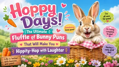 Hoppy Days bunny pun banner with a cheerful rabbit, carrots, flowers, and funny bunny sayings