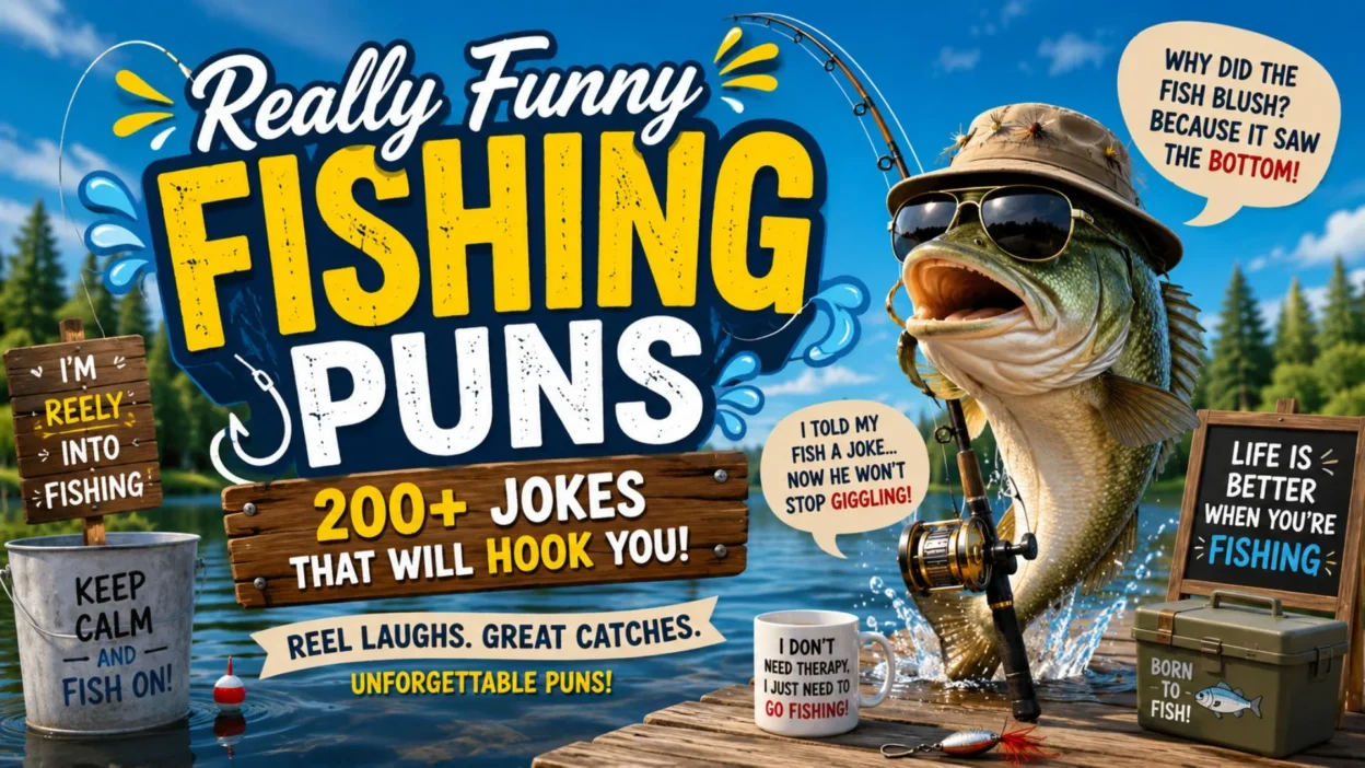 Funny fishing puns with a playful fish, fishing gear, and 200+ jokes that will hook you