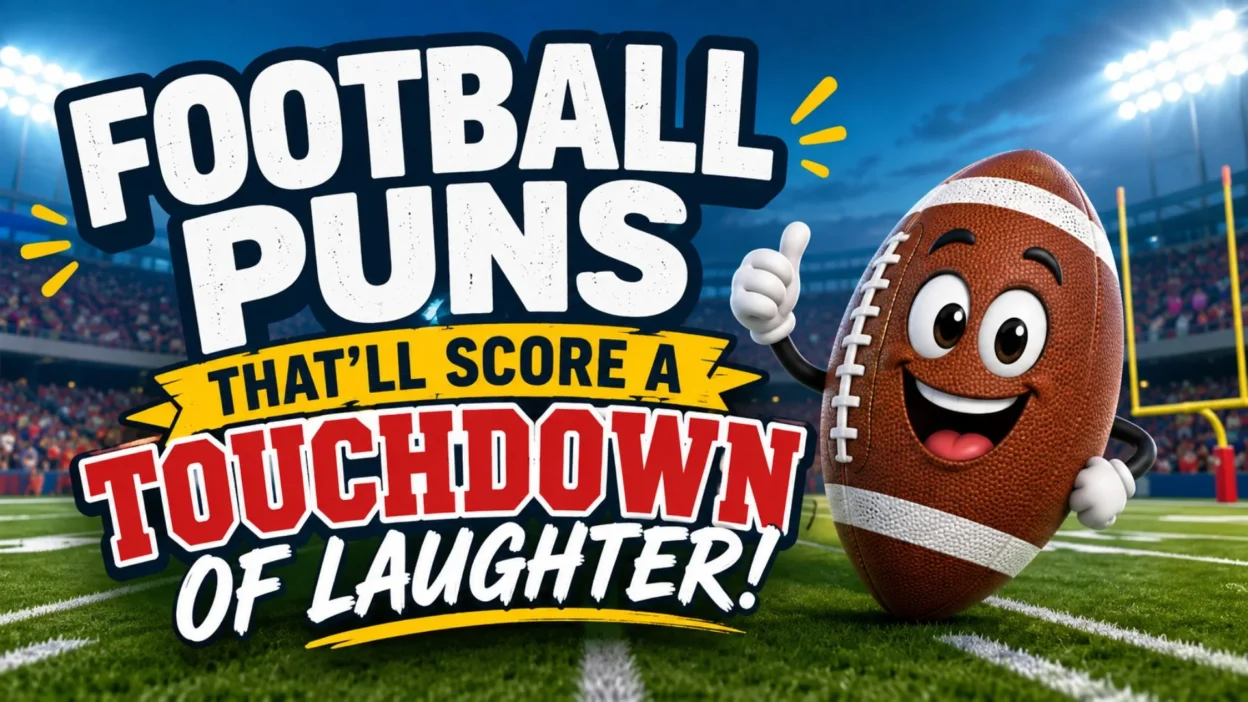 Football puns banner with a funny cartoon football mascot scoring a touchdown of laughter