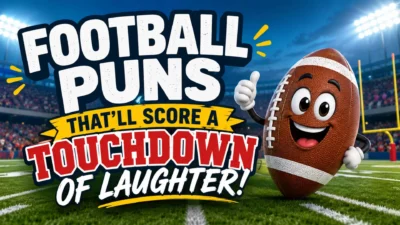 Football puns banner with a funny cartoon football mascot scoring a touchdown of laughter
