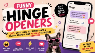 Funny Hinge openers with witty pickup lines, playful chat prompts, and rizz ideas displayed on a colorful dating app graphic.