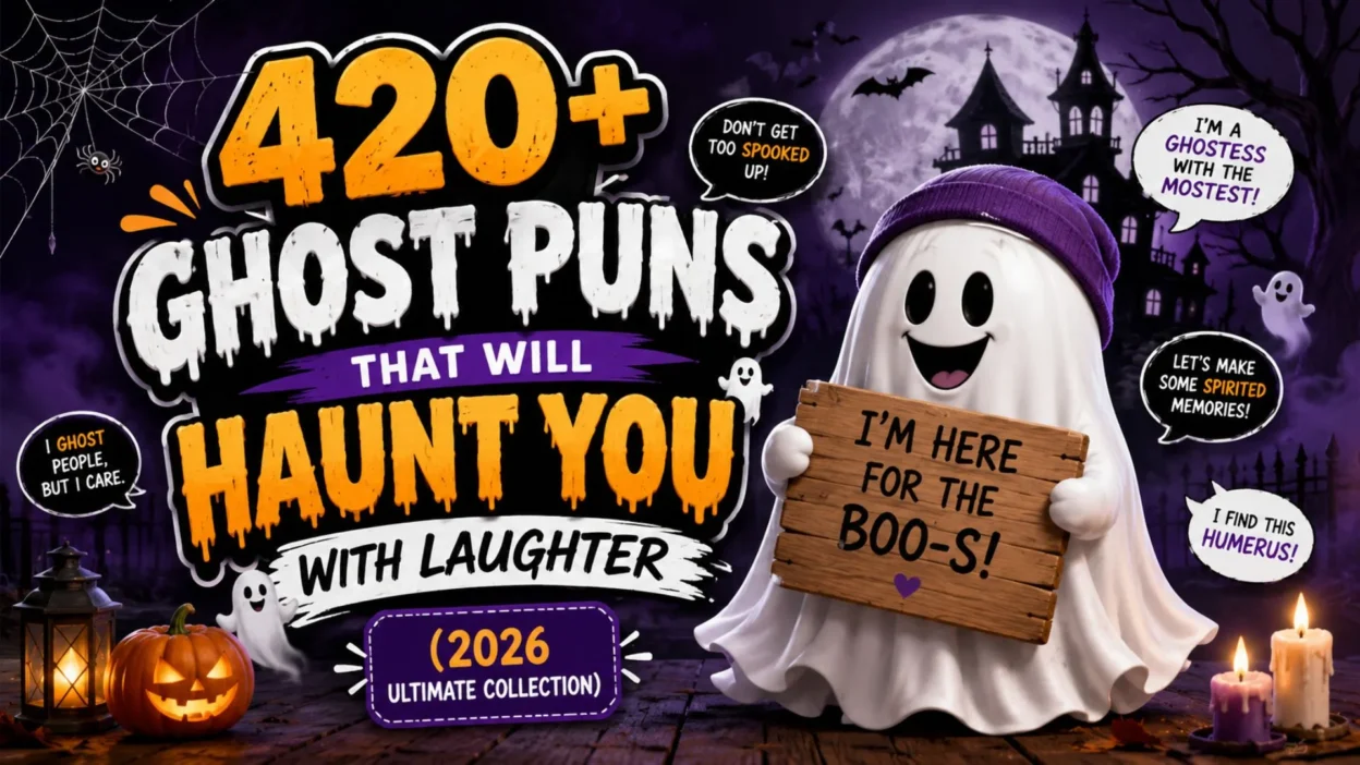 420+ ghost puns with a smiling ghost, haunted mansion, bats, pumpkins, and Halloween decorations
