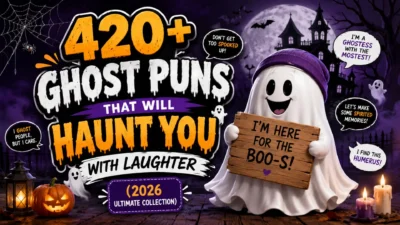 420+ ghost puns with a smiling ghost, haunted mansion, bats, pumpkins, and Halloween decorations