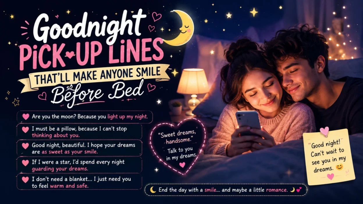 Goodnight pick-up lines graphic with a cozy couple, moonlit bedroom, and romantic bedtime messages to make anyone smile.