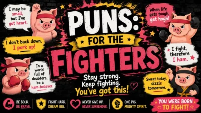 Motivational pig puns for fighters with cartoon warrior pigs, funny quotes, and bold typography on a dark background.