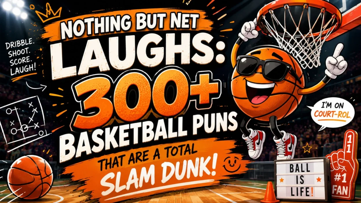 300+ basketball puns poster with a fun basketball mascot, slam dunk theme, and colorful arena design