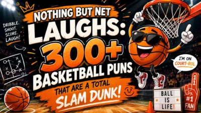 300+ basketball puns poster with a fun basketball mascot, slam dunk theme, and colorful arena design