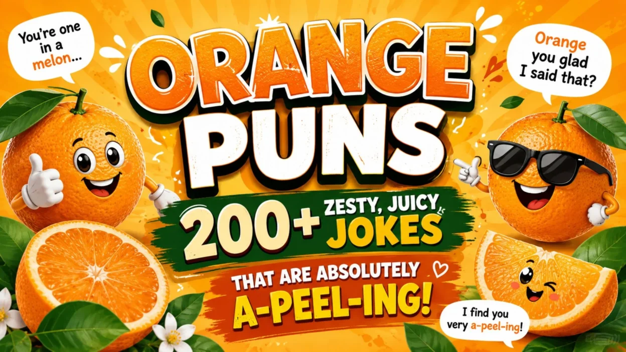 Orange puns graphic with 200+ zesty, juicy jokes and playful citrus illustrations