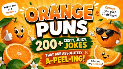 Orange puns graphic with 200+ zesty, juicy jokes and playful citrus illustrations