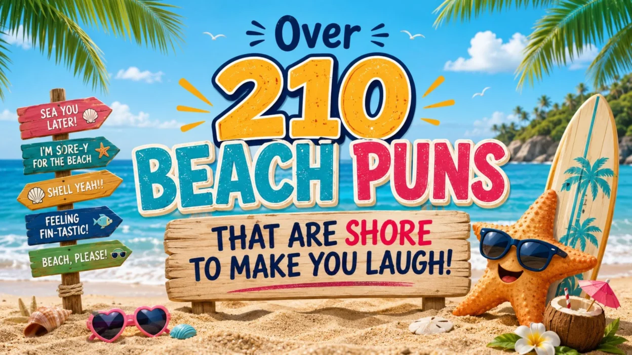 Colorful beach pun graphic featuring 210 beach puns, tropical scenery, palm trees, and a smiling starfish.