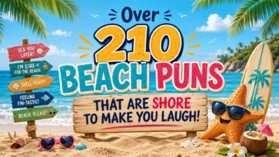 Colorful beach pun graphic featuring 210 beach puns, tropical scenery, palm trees, and a smiling starfish.