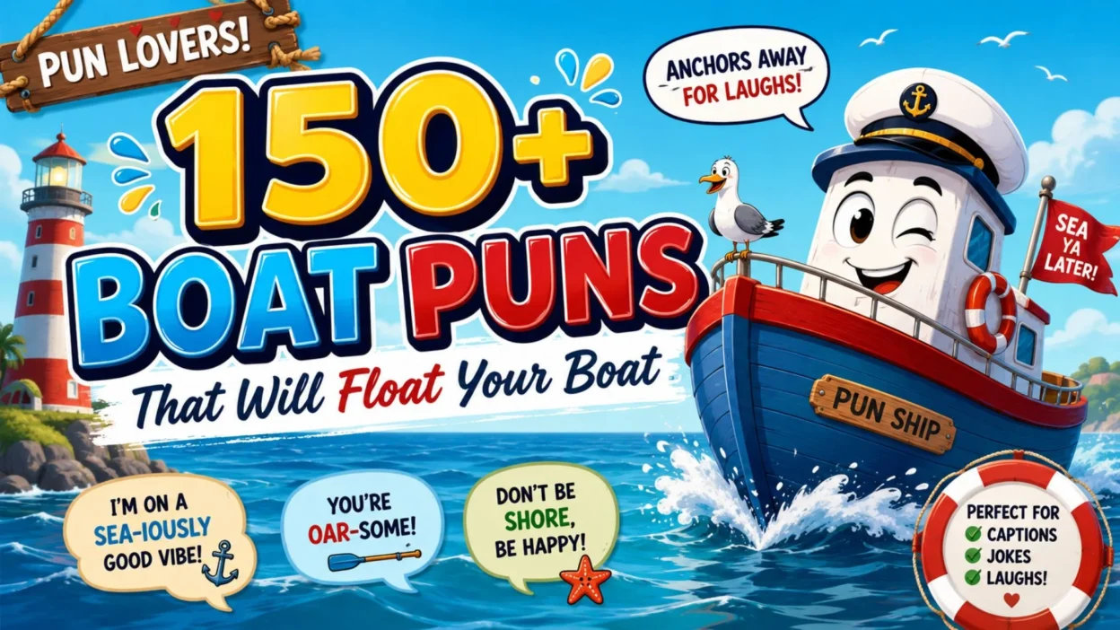 150+ boat puns graphic with a funny cartoon boat, ocean waves, and nautical jokes