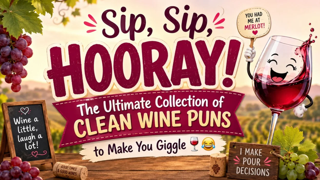 Colorful wine pun illustration with a smiling wine glass, vineyard backdrop, and funny clean wine jokes banner.