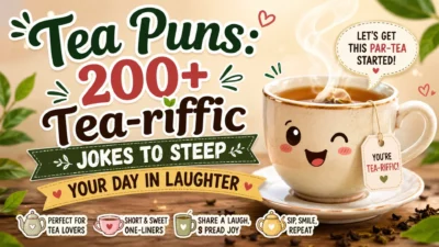 Cute smiling tea cup with steaming tea and playful Tea Puns 200+ banner featuring funny tea jokes for tea lovers.