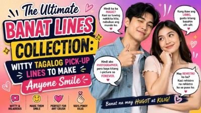Colorful banner featuring witty Tagalog banat lines with a smiling couple and romantic Filipino pick-up line speech bubbles.