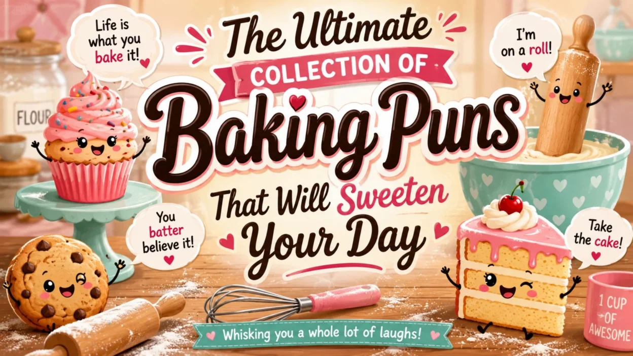 Fun baking puns graphic with cupcakes, cookies, cake, and playful bakery-themed characters
