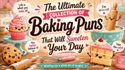 Fun baking puns graphic with cupcakes, cookies, cake, and playful bakery-themed characters