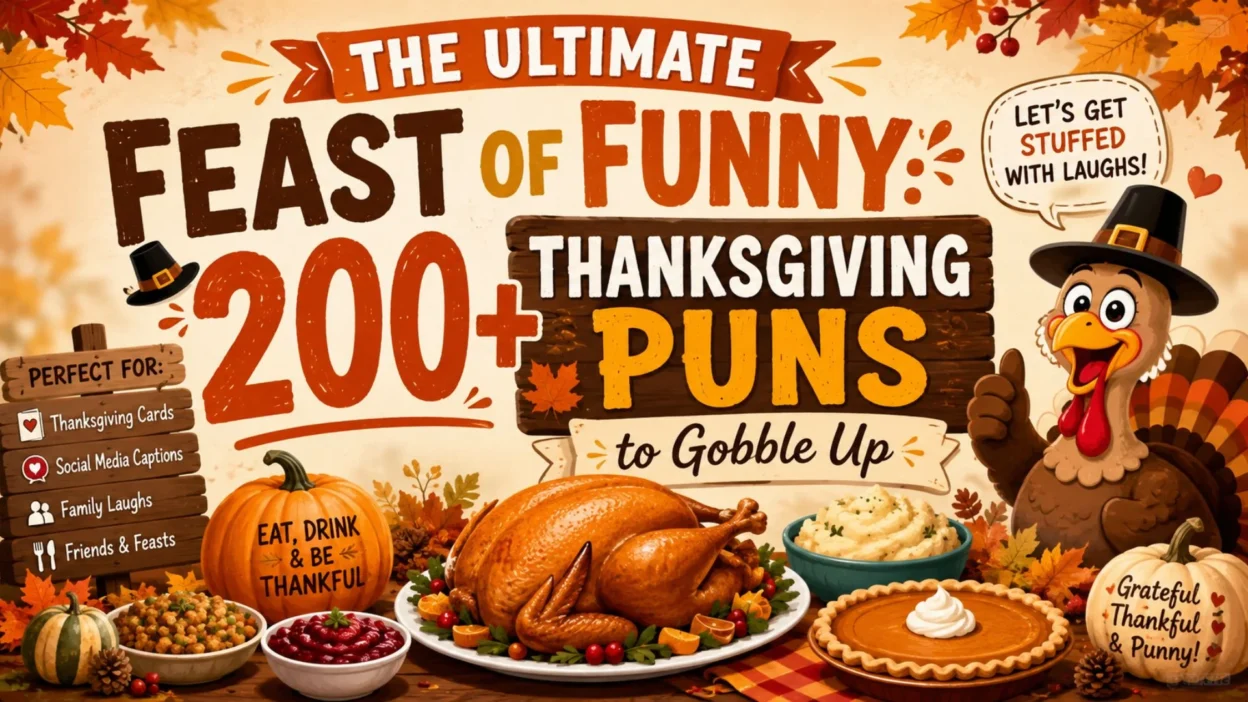 200+ Thanksgiving puns graphic with a cheerful turkey, festive autumn leaves, and a delicious holiday feast