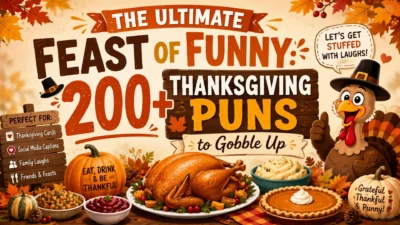 200+ Thanksgiving puns graphic with a cheerful turkey, festive autumn leaves, and a delicious holiday feast