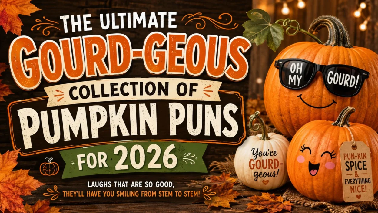 Gourd-geous pumpkin puns graphic featuring cheerful autumn pumpkins and funny fall wordplay for 2026