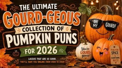 Gourd-geous pumpkin puns graphic featuring cheerful autumn pumpkins and funny fall wordplay for 2026