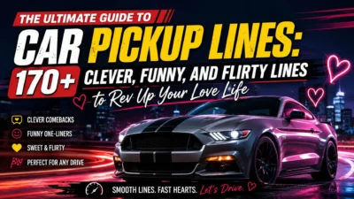 Sports car with neon lights promoting 170+ clever, funny, and flirty car pickup lines for romance and dating