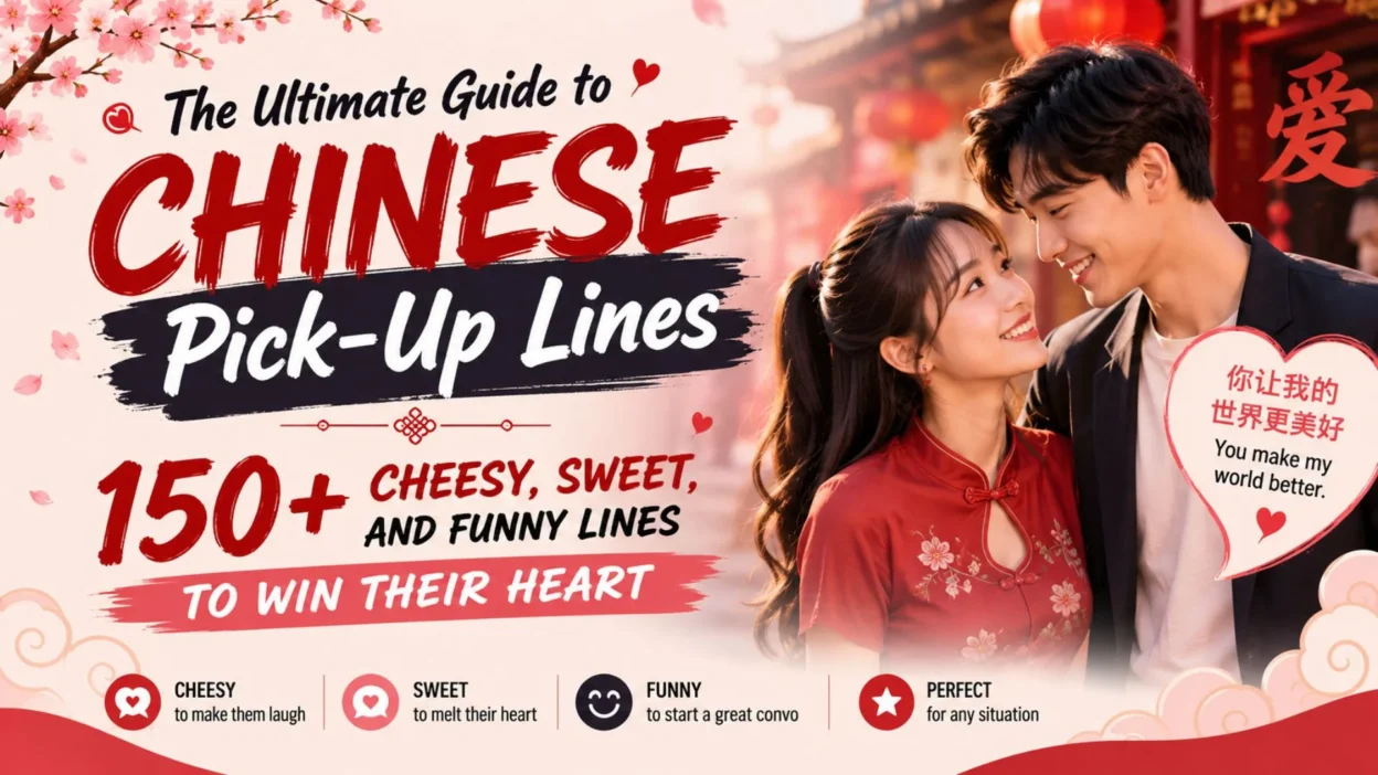 Chinese pick-up lines guide banner with a romantic couple and 150+ cheesy, sweet, and funny flirting lines.