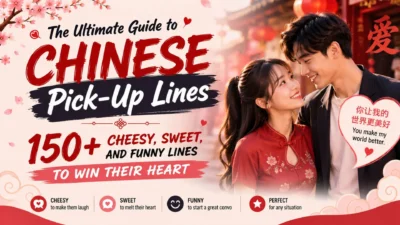 Chinese pick-up lines guide banner with a romantic couple and 150+ cheesy, sweet, and funny flirting lines.