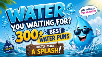 300+ best water puns poster with a funny cartoon water droplet, splashing waves, and playful typography