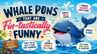 Whale puns banner with a cheerful cartoon whale and funny ocean-themed jokes