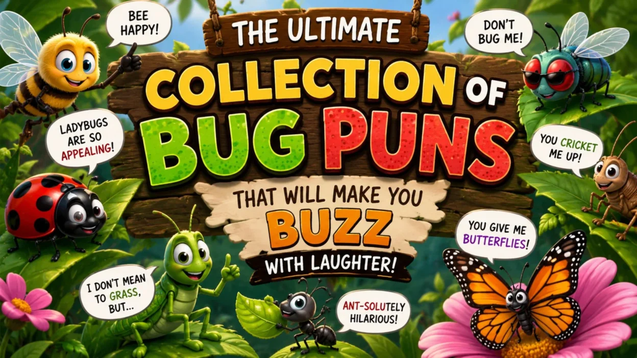 Colorful cartoon bug puns banner featuring bees, ladybugs, butterflies, ants, and grasshoppers
