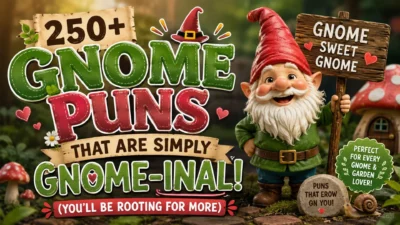 250+ gnome puns graphic featuring a cheerful garden gnome, mushrooms, and whimsical garden decorations.