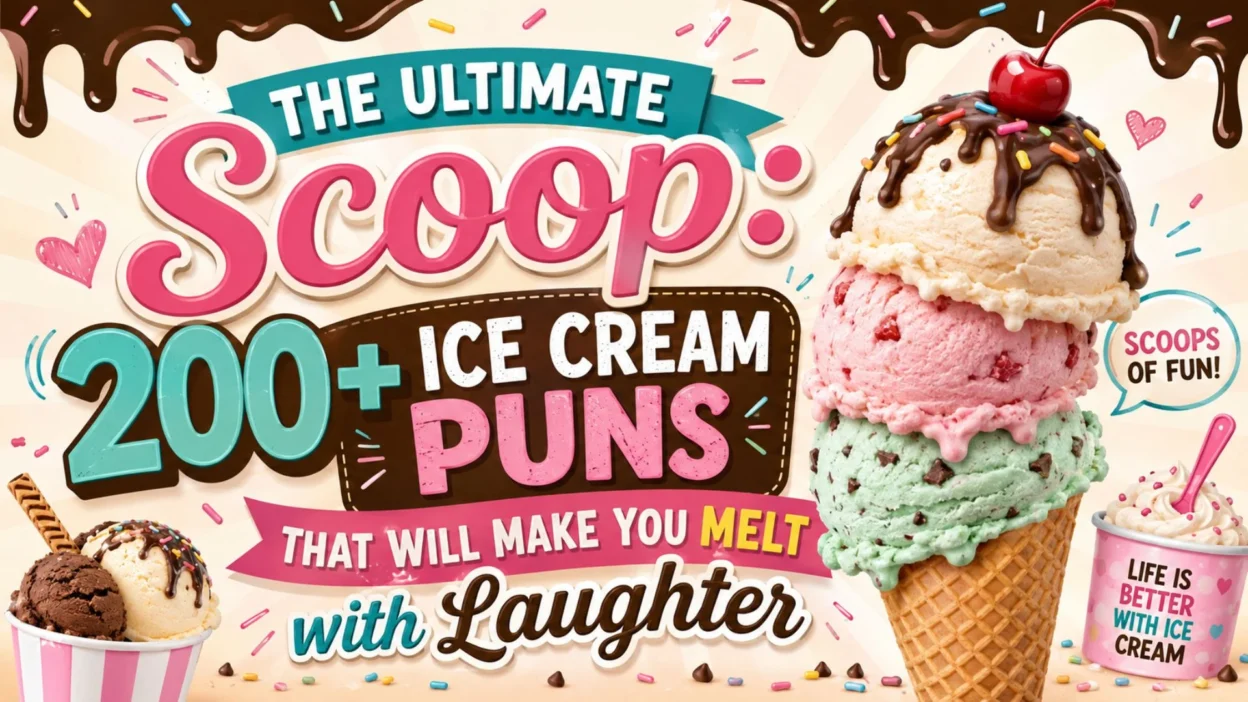 Colorful ice cream pun banner featuring 200+ funny ice cream puns, scoops, sprinkles, and a cherry-topped cone.