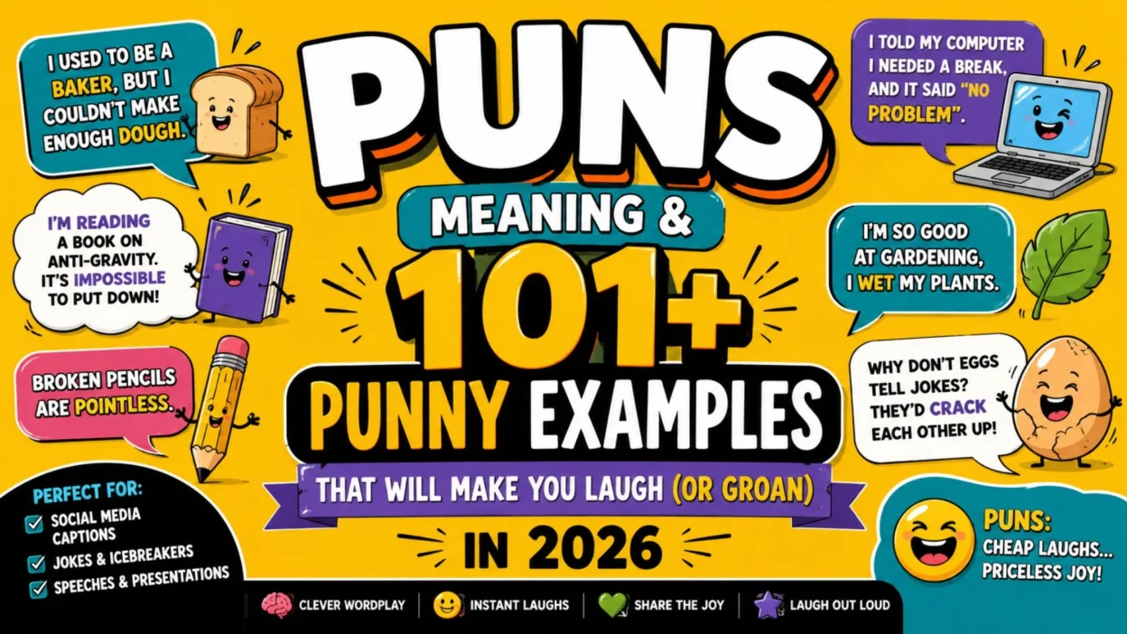 Puns meaning and 101+ funny pun examples with a cheerful dog, wordplay books, and joke ideas for 2026