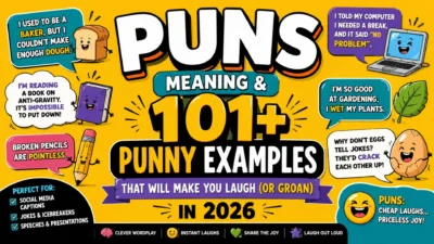 Puns meaning and 101+ funny pun examples with a cheerful dog, wordplay books, and joke ideas for 2026