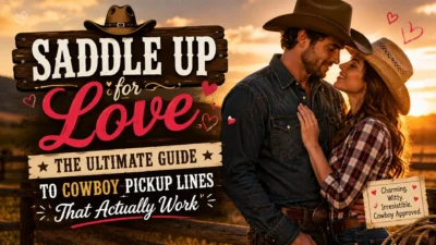 Romantic cowboy couple at sunset with bold text promoting the ultimate guide to cowboy pickup lines that actually work.