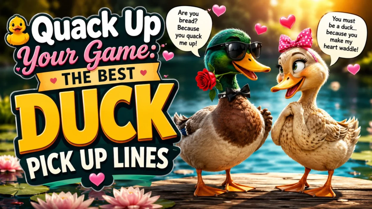 Cute cartoon ducks sharing funny duck pick up lines by a lakeside with romantic hearts and playful typography