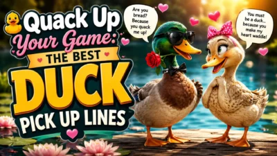 Cute cartoon ducks sharing funny duck pick up lines by a lakeside with romantic hearts and playful typography