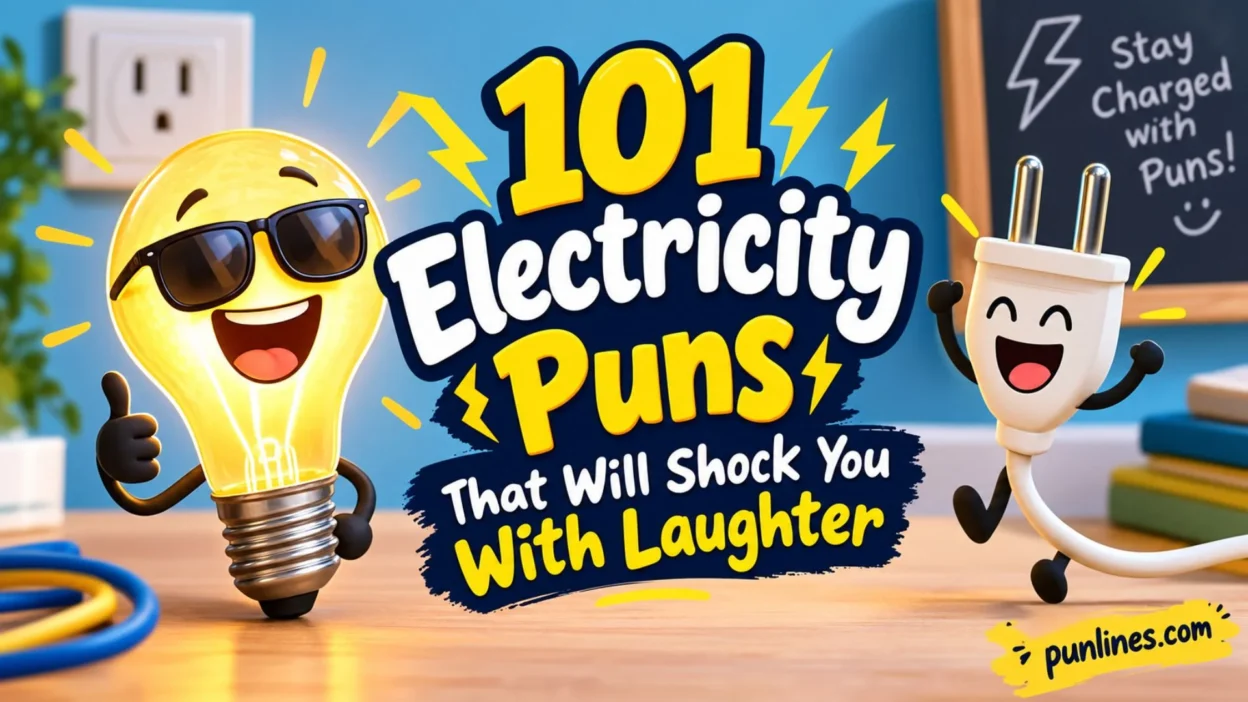 Funny electricity puns banner with a smiling lightbulb and happy electrical plug cartoon characters