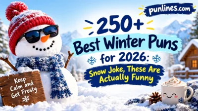 250+ best winter puns for 2026 with a cheerful snowman, snowy mountains, and cosy winter scene