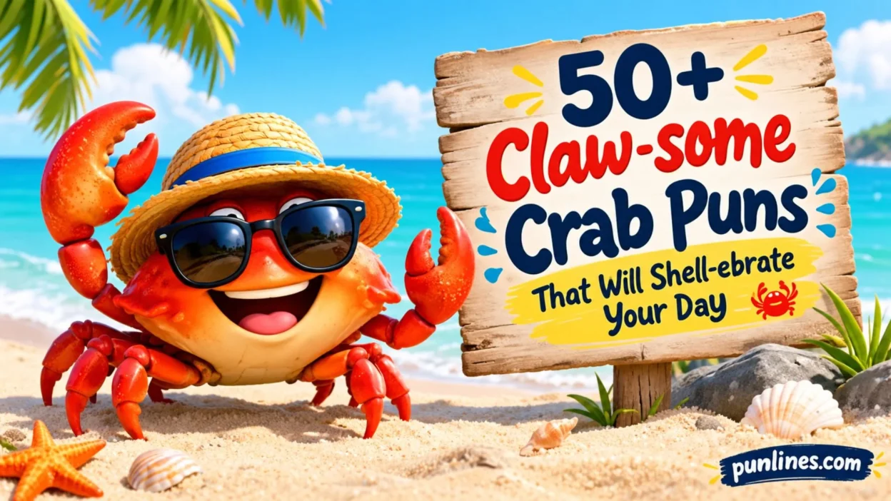 Cheerful crab wearing sunglasses and a straw hat with 50+ claw-some crab puns on a beach sign