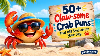 Cheerful crab wearing sunglasses and a straw hat with 50+ claw-some crab puns on a beach sign